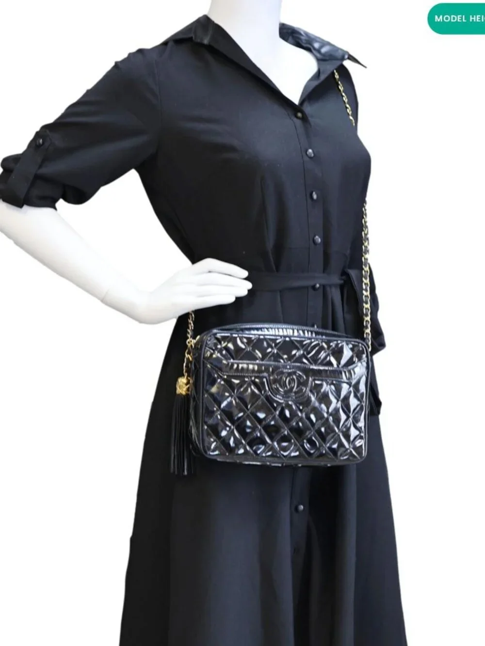 Chanel Vintage Quilted Patent Leather Camera Case Crossbody Bag Black